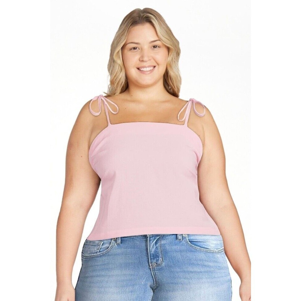 Time & Tru Size XXL 20 Linen Blend Smocked Back Tie Strap Cami Tank Top Pink